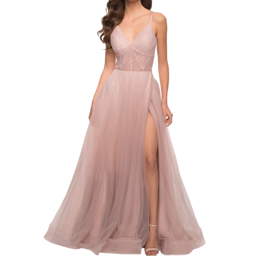 La Femme Blush Pink Tulle Prom Gown with Thigh Slit